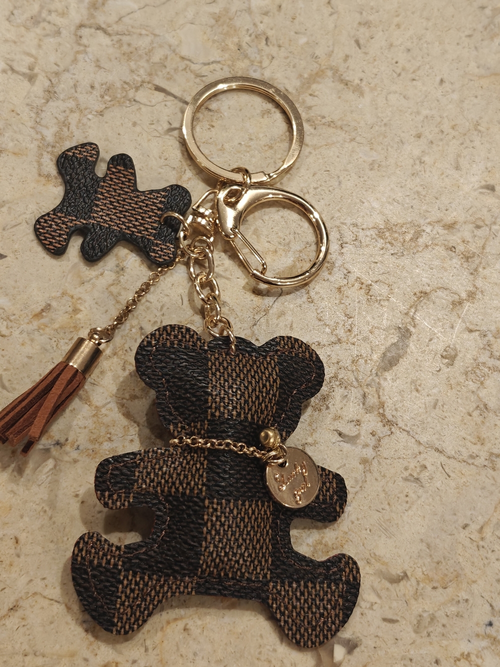 Plaid Teddy Bear Keychain with Tassel and Gold Hardware